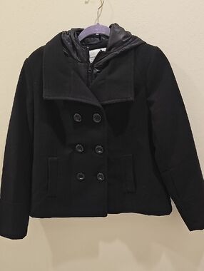 Black Double-Breasted Peacoat with Hood